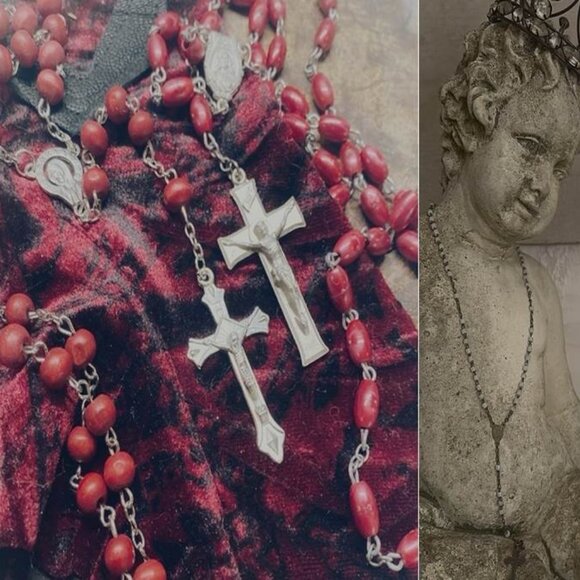 Antique Red and Silver Rosary Necklace - Picture 1 of 4